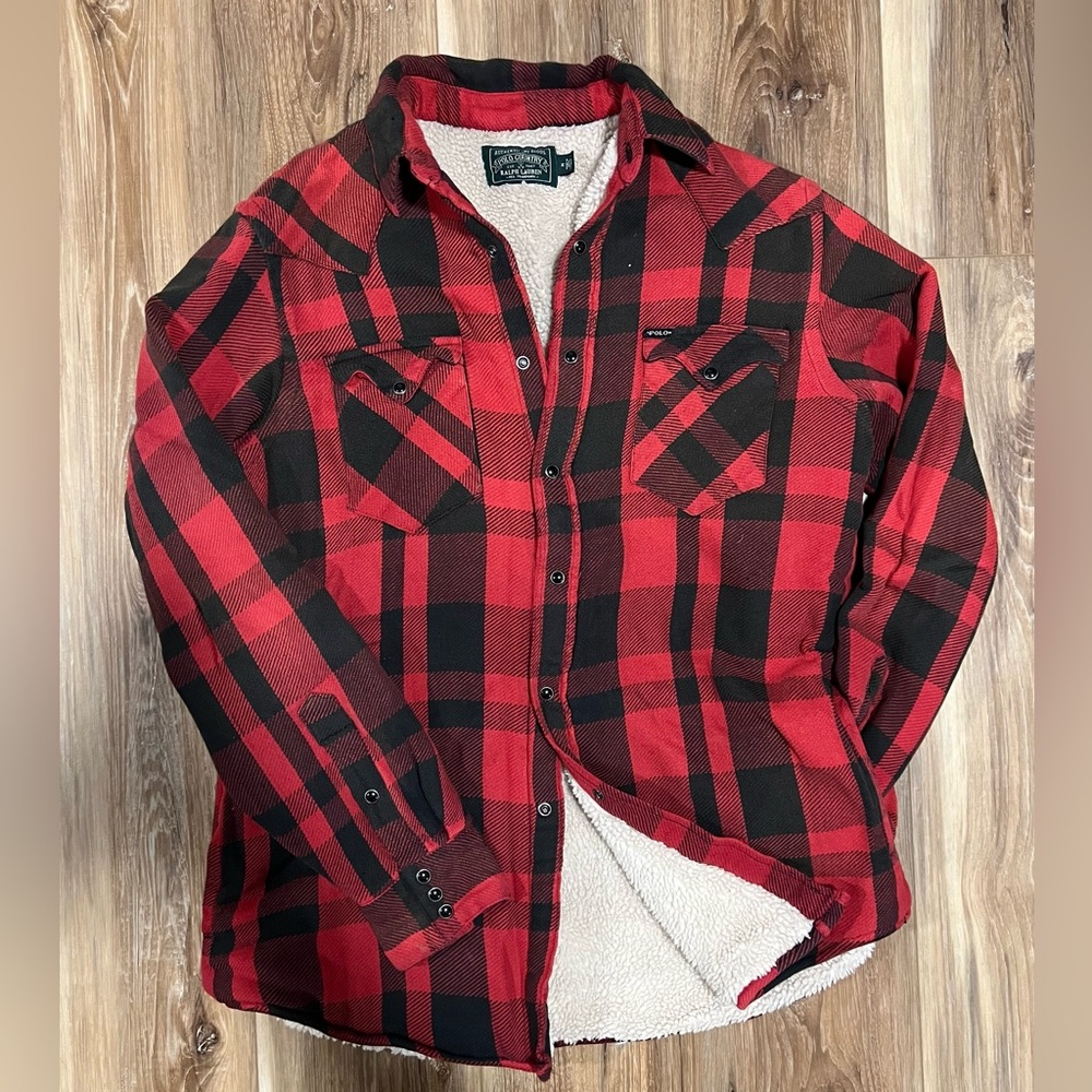(Ralph Lauren Polo) Vintage Sherpa Lined Sweater Jacket, Red Plaid – Medium
